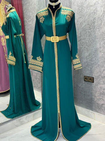 Moroccan Silk Dark Green Embroidered Caftan