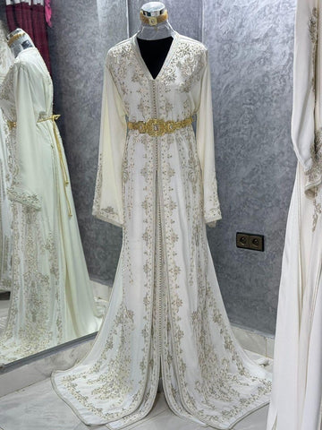 Moroccan Silk Off-White Colour Embroidered Caftan