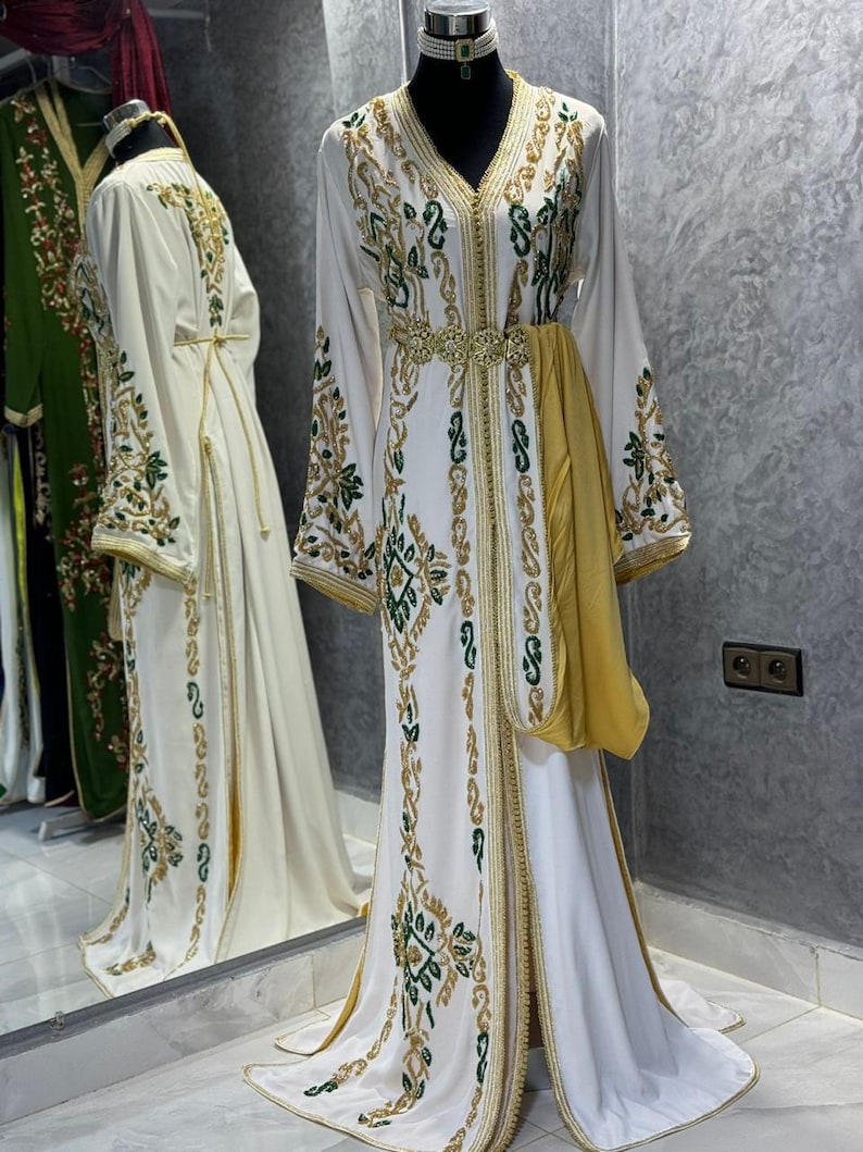 Moroccan Silk White Embroidered Caftan