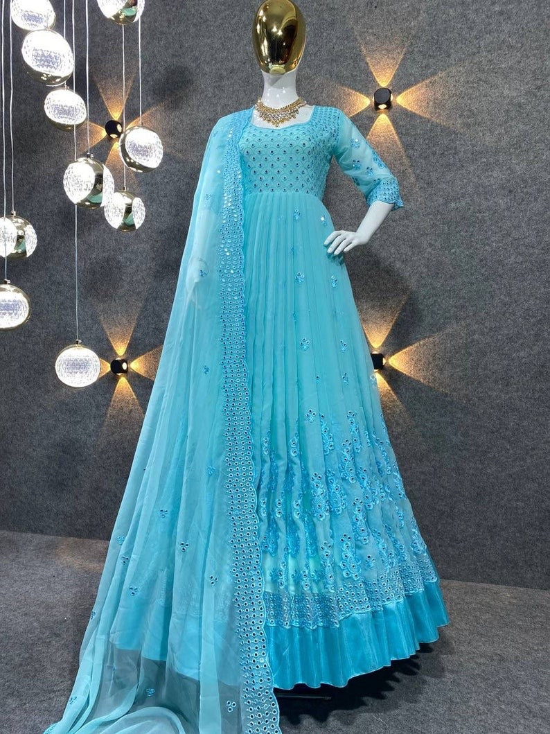 Embroidered Blue Ladies Bridal Georgette Long Gown, Party Wear