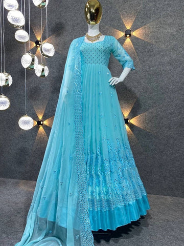 Embroidered Blue Ladies Bridal Georgette Long Gown, Party Wear