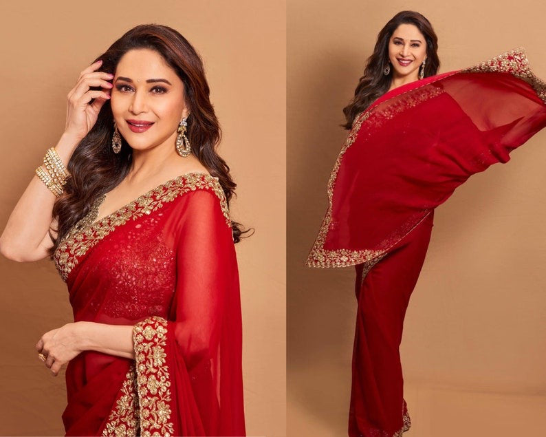 WOMAN KARVACHAUTH SPECIAL BANDHANI SUPERHIT TRENDING SOBHAGYAVATI BHAV EMBROIDERED SAREE WITH GEORGETTE FABRIC