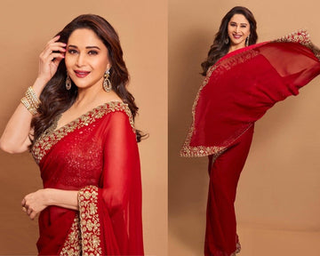 WOMAN KARVACHAUTH SPECIAL BANDHANI SUPERHIT TRENDING SOBHAGYAVATI BHAV EMBROIDERED SAREE WITH GEORGETTE FABRIC