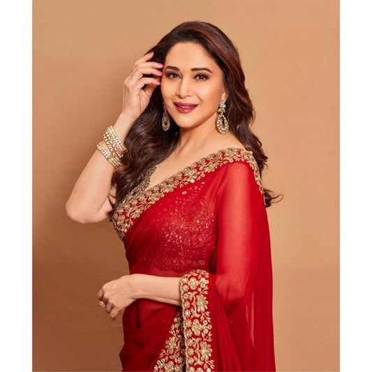 WOMAN KARVACHAUTH SPECIAL BANDHANI SUPERHIT TRENDING SOBHAGYAVATI BHAV EMBROIDERED SAREE WITH GEORGETTE FABRIC