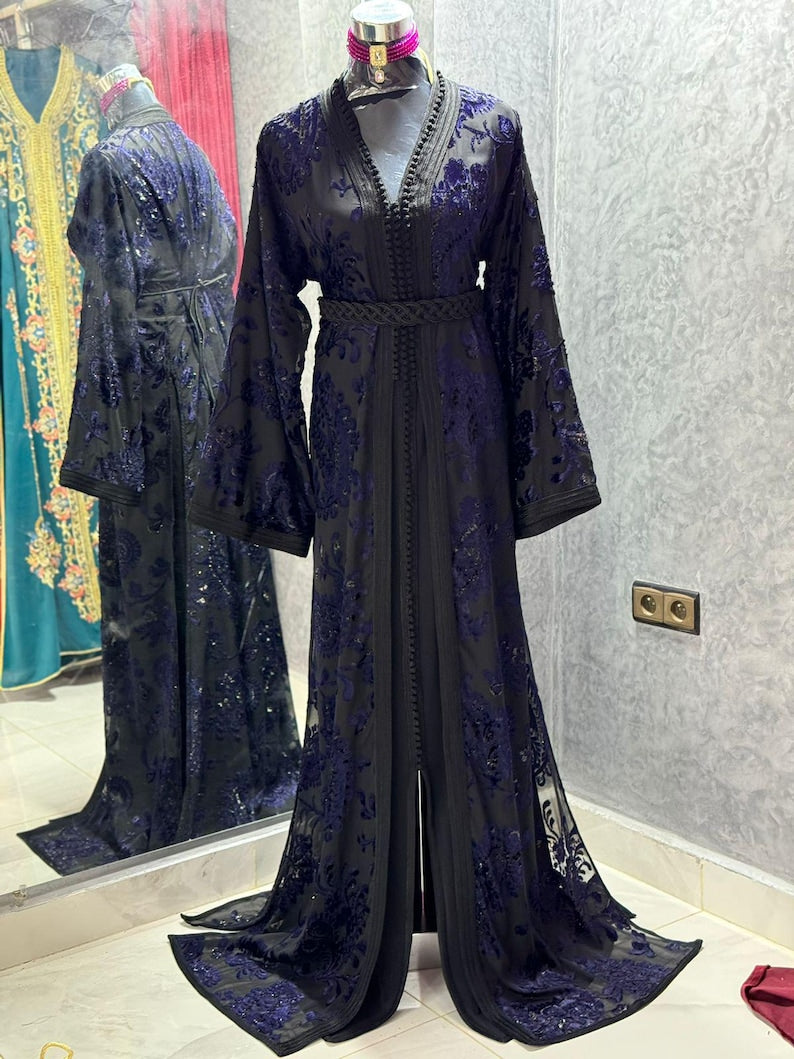 Moroccan Caftan Black and Blue Dress
