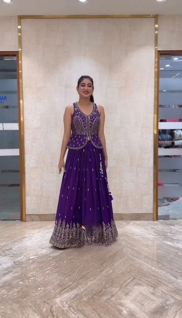 Purple Lucknowi Pata Lehenga Choli with Dupata