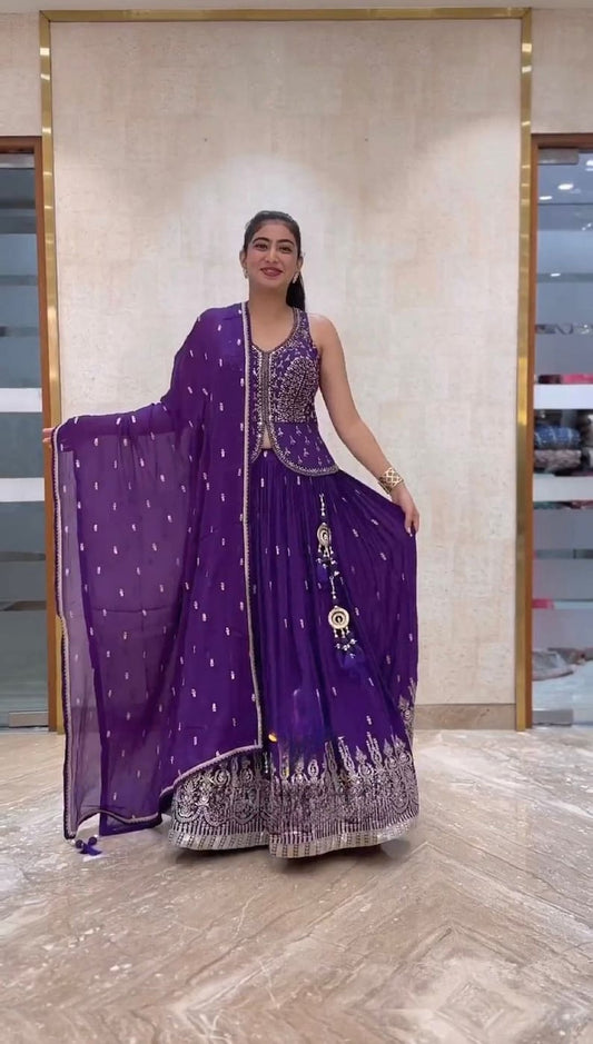 Purple Lucknowi Pata Lehenga Choli with Dupata