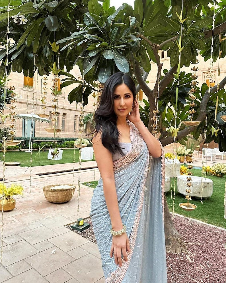 Stunning Light Blue Colour Georgette Embroidered Sequence Work Saree Blouse