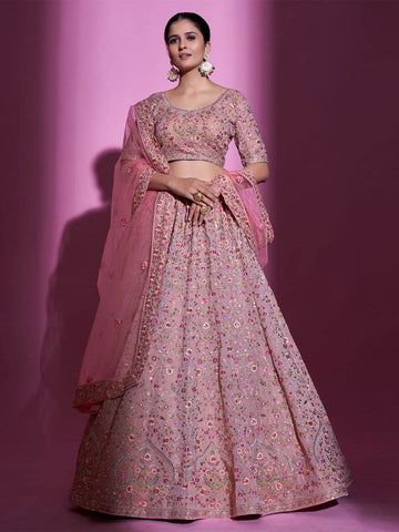 Georgette Meena Mughal Motif Lehenga Choli with Thread, Zari, Swarovski Embroidery, And Soft Net Dupatta
