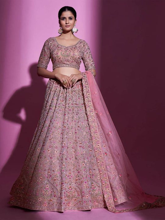 Georgette Meena Mughal Motif Lehenga Choli with Thread, Zari, Swarovski Embroidery, And Soft Net Dupatta