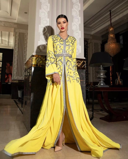 Moroccan Gorgeous Yellow Caftan Two Pieces