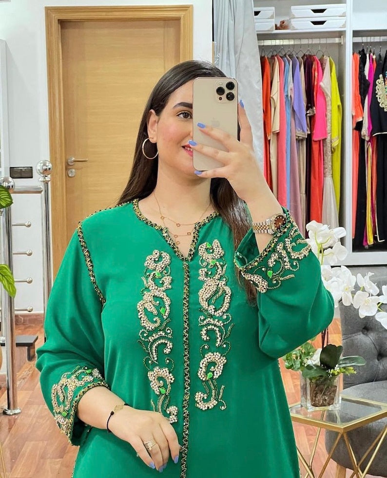 Moroccan Embroidered & Hand Beaded Green Caftan