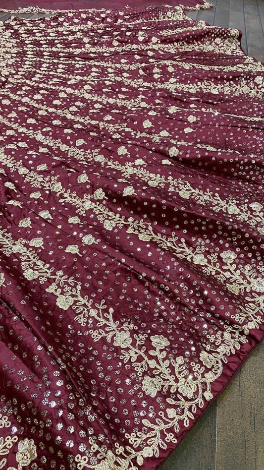 Dark Maroon Silk Lehenga Choli