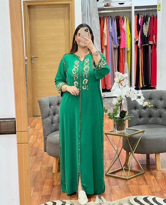 Moroccan Embroidered & Hand Beaded Green Caftan