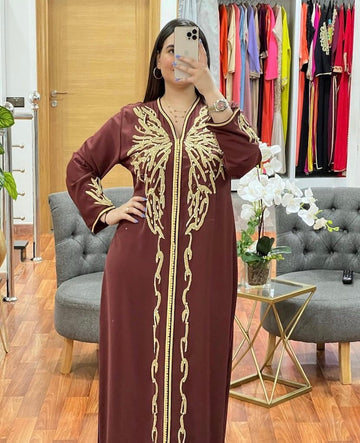 Moroccan Embroidered & Hand Beaded Brown Caftan
