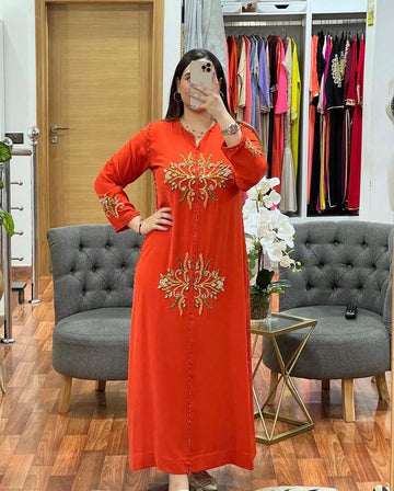 Moroccan Orange Embroidered & Hand Beaded Caftan