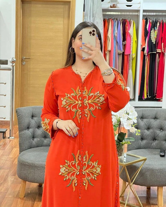 Moroccan Orange Embroidered & Hand Beaded Caftan