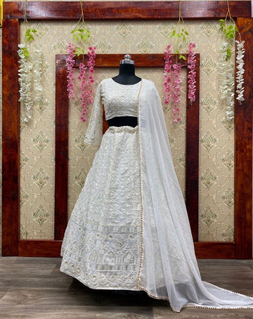 Embroidered Thread Work Semi-Stitched Lehenga & Unstitched Blouse With Dupatta