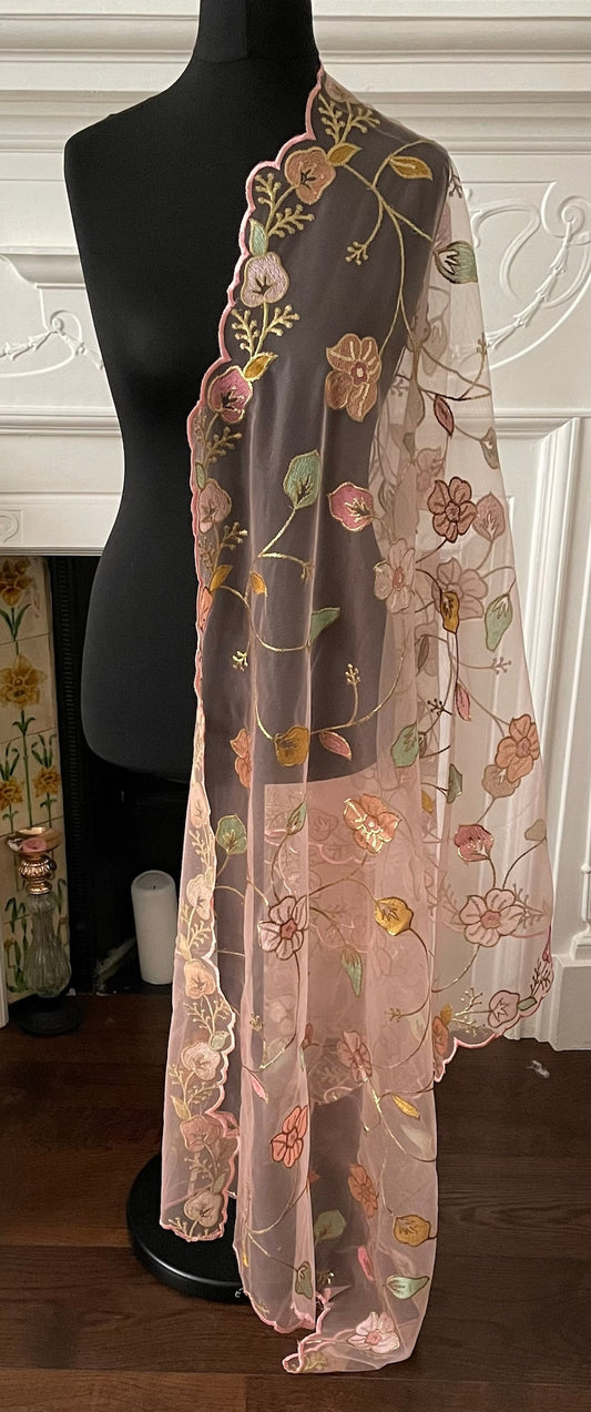 Net Dupatta Scallop Resham Silk Thread Floral Trellis Pattern All Over Scarf