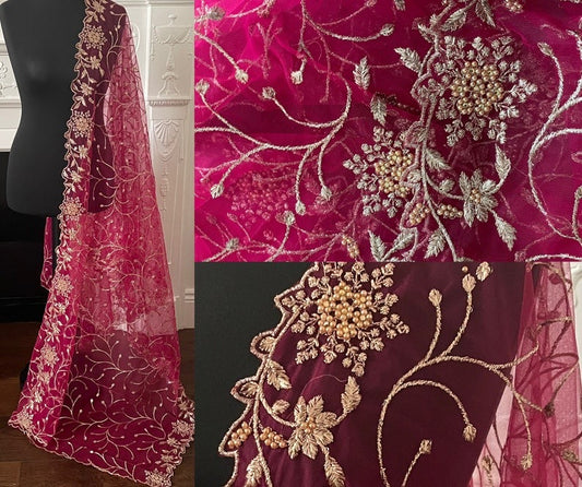 Net Duppattas Pearl and Zari Work Border Scarf Chunni