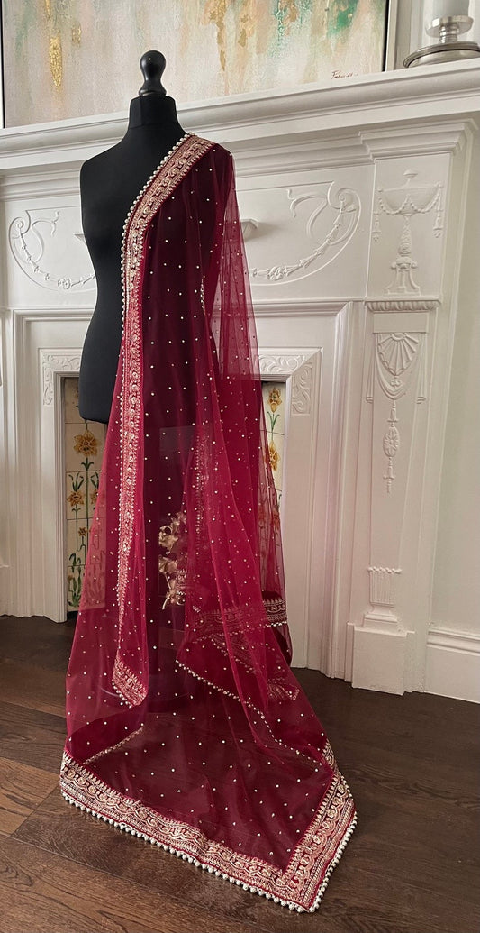 Maroon Bridal Net Double Second Duppatta for Wedding