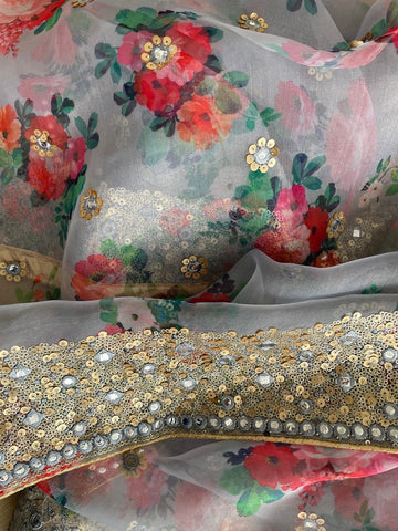 Grey Organza Embroidered Floral Print Dupatta