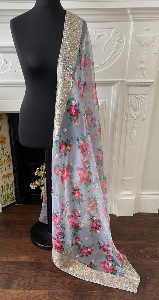 Grey Organza Embroidered Floral Print Dupatta
