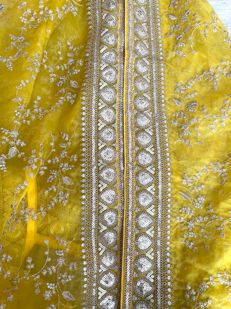 Yellow Organza Duppatta Zari embroidered border Scarf Chunni