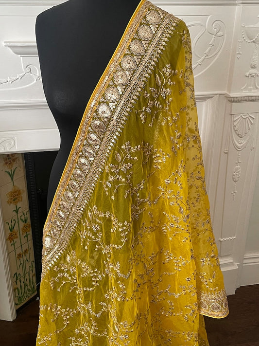Yellow Organza Duppatta Zari embroidered border Scarf Chunni