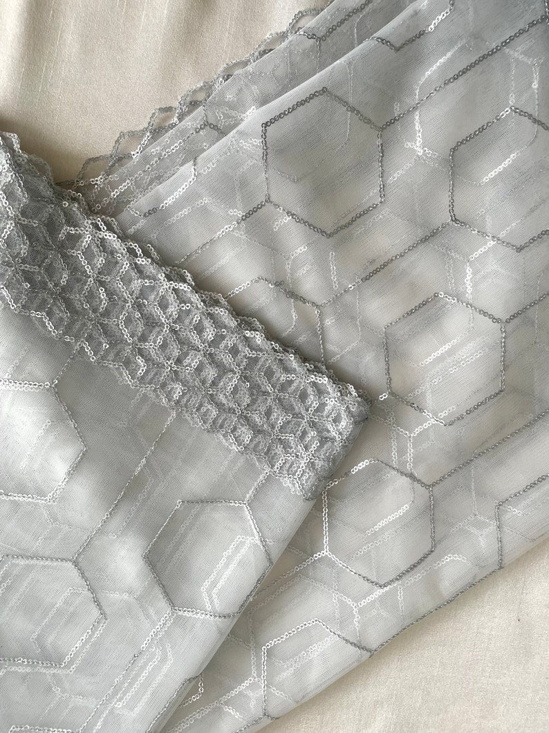 Silver Sequins White Greyish Net Dupattas Border Scarf Chunni