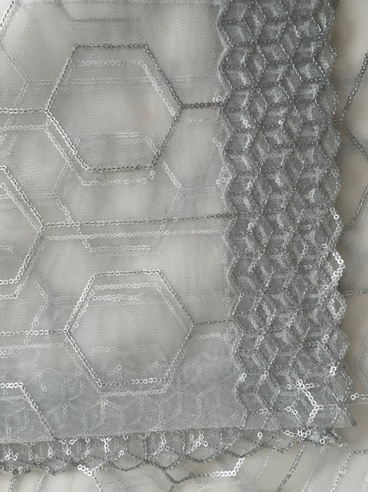 Silver Sequins White Greyish Net Dupattas Border Scarf Chunni