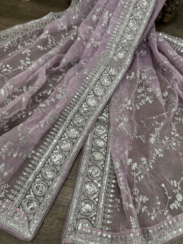 Embroidered Organza Lilac and Silver Dupatta