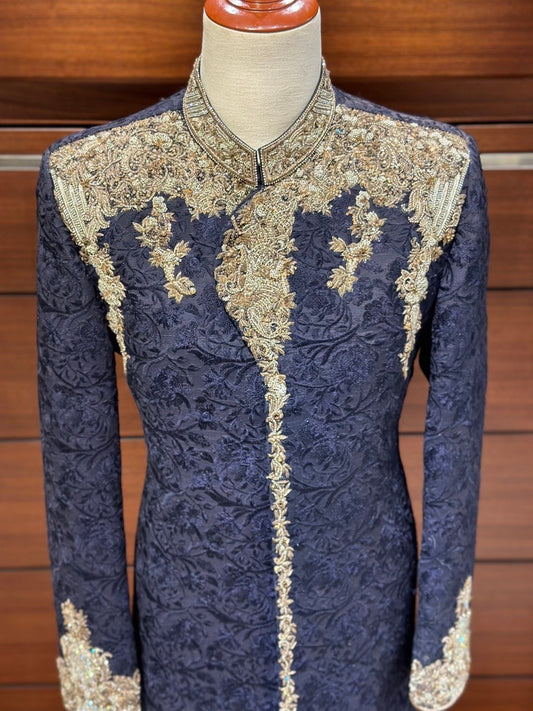 Navy Blue Silk Sherwani for Men