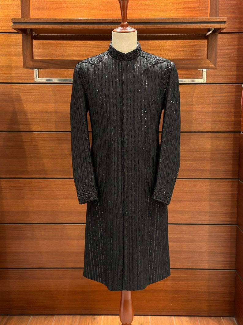 Black Sequin Sherwani for Men