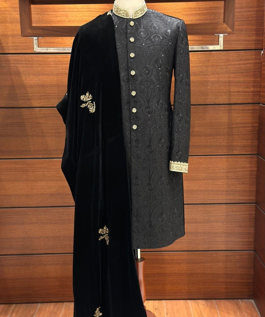 Black Embroidered Sherwani for Men