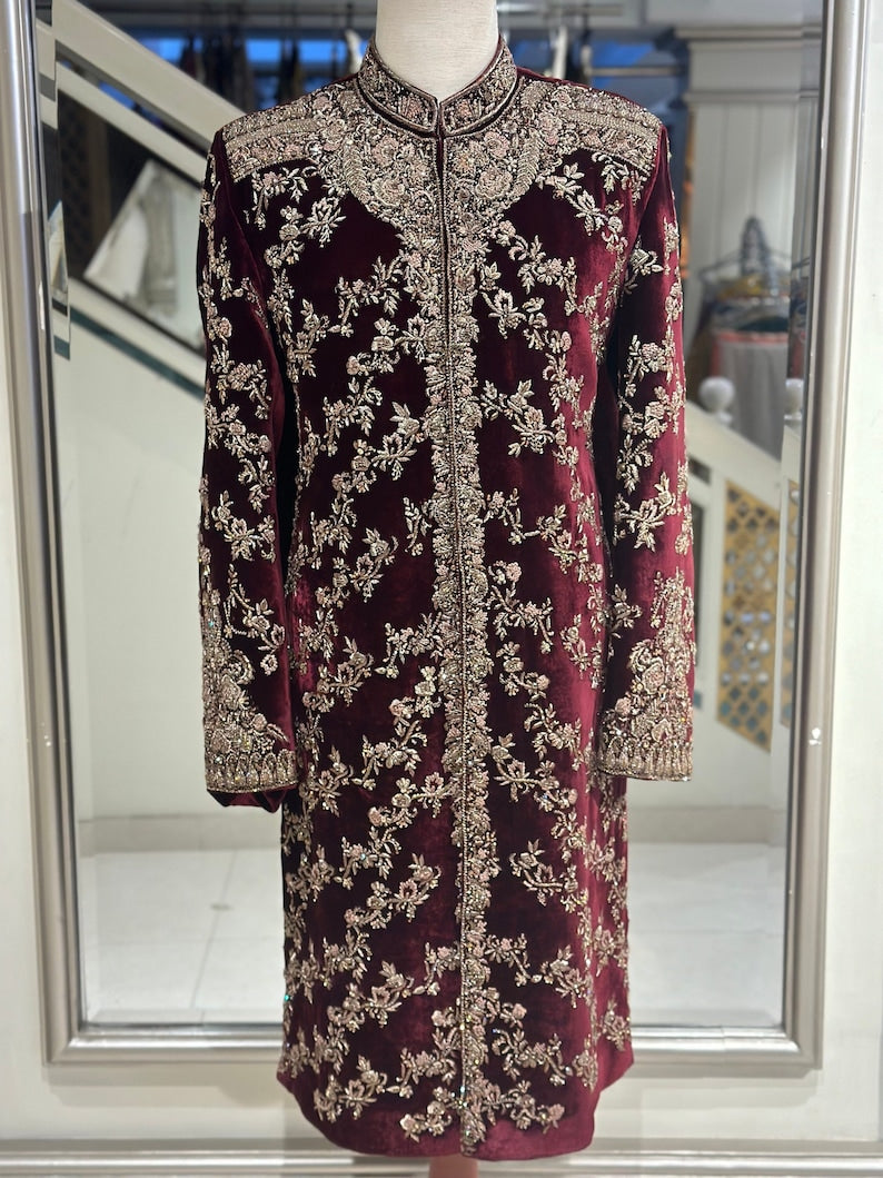 Luxurious Maroon Velvet Sherwani for Men