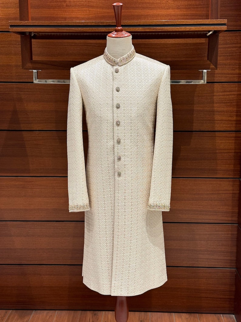 Off White Hand Made Sherwani for Men