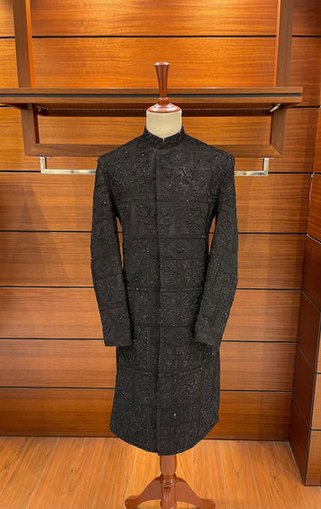 Black Hand Stitched Sherwani for Men