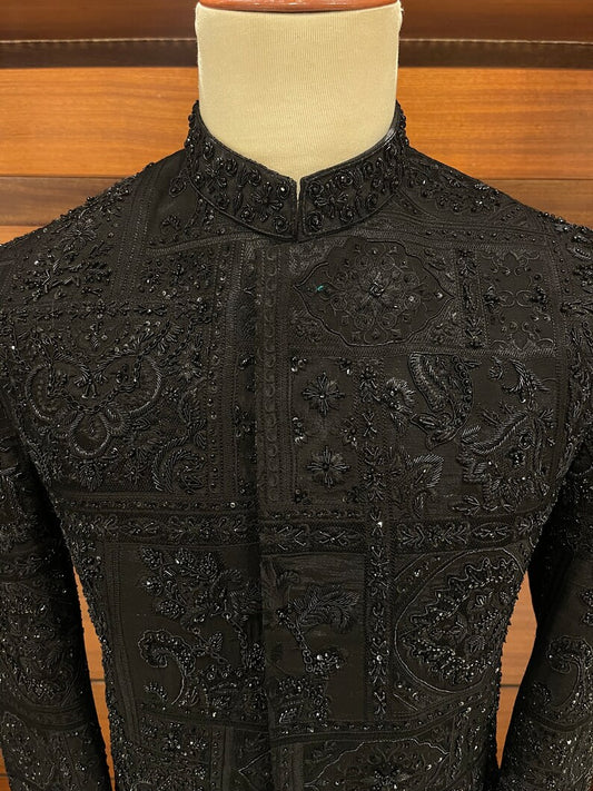 Black Hand Stitched Sherwani for Men
