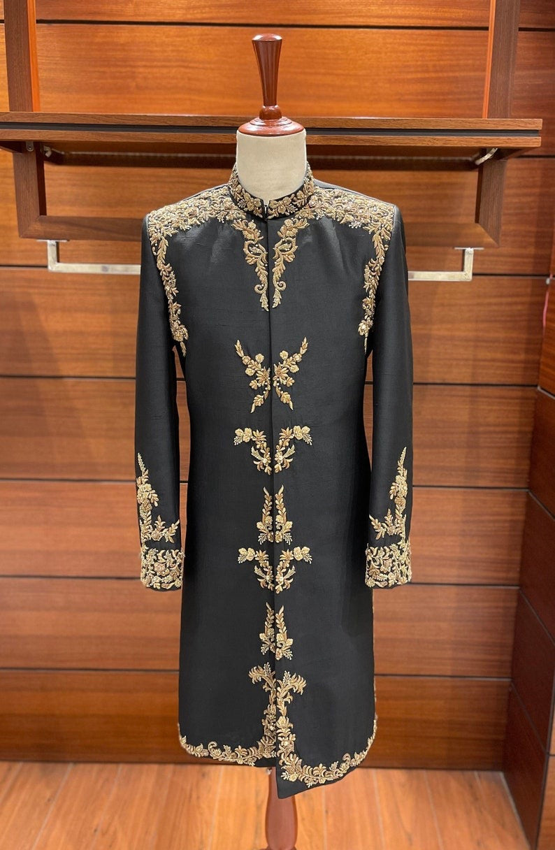 Black Raw Silk Embroidered Sherwani for Men