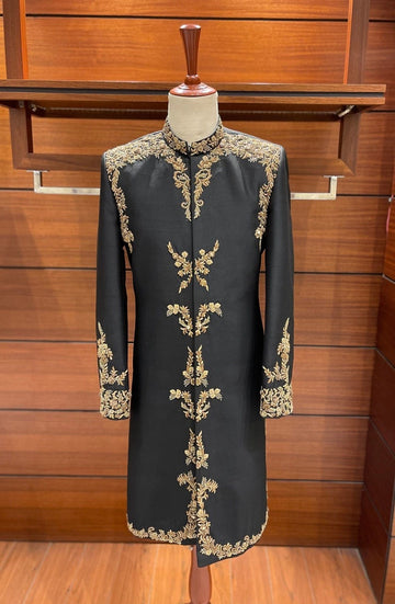 Black Raw Silk Embroidered Sherwani for Men