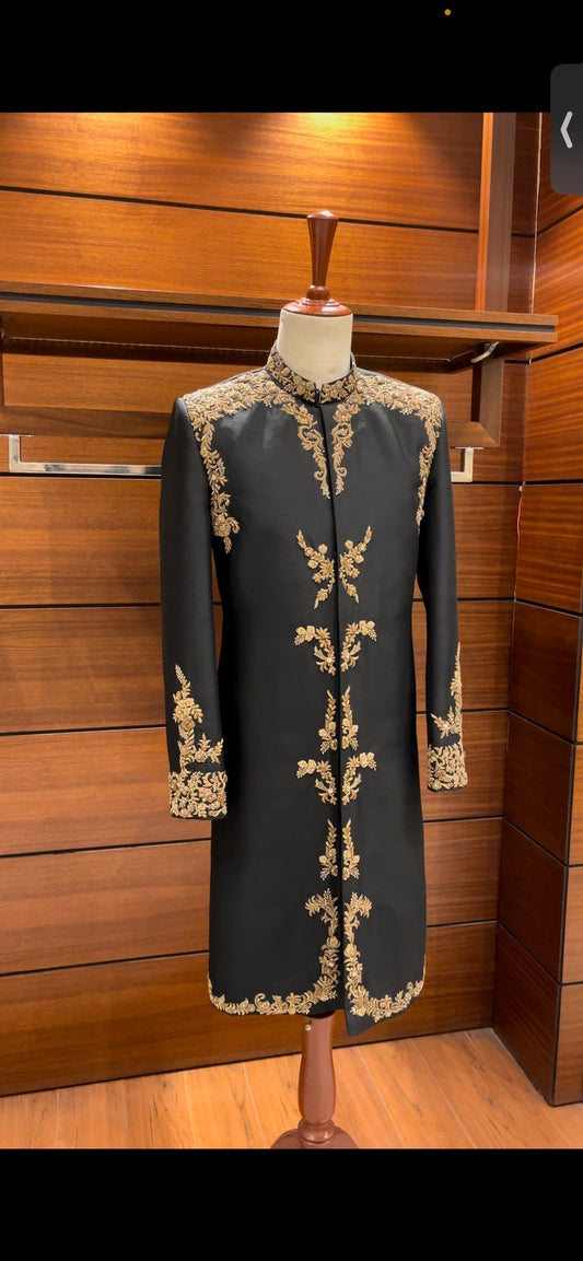 Black Raw Silk Embroidered Sherwani for Men