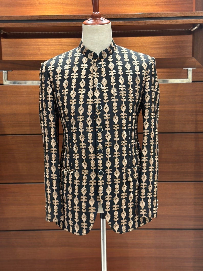 Black Embroidered Prince Coat for Men