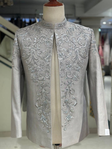 Grey Embroidered Prince Coat for Men