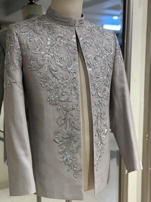 Grey Embroidered Prince Coat for Men