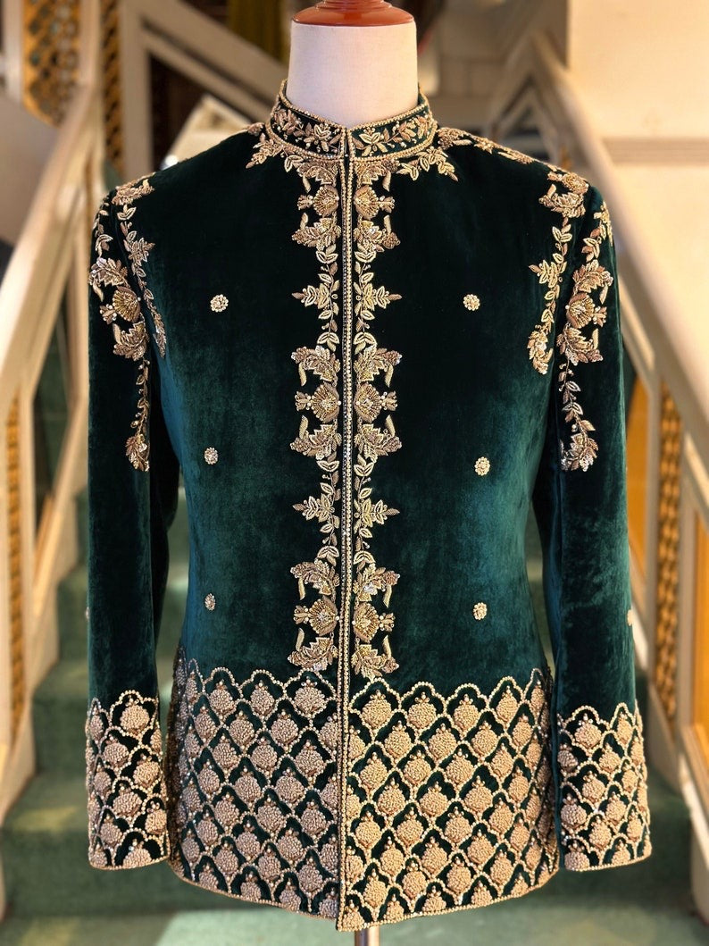 Teal Green Velvet Prince Coat for Men
