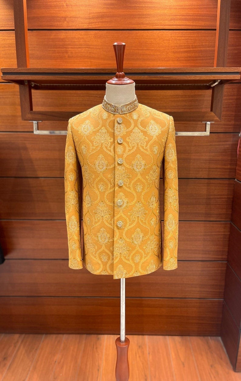 Mustard Embroidered Nehru Jacket for Men