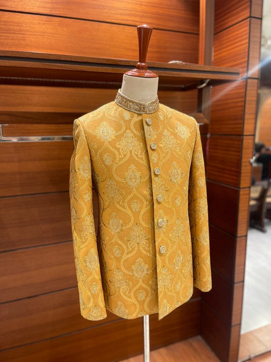 Mustard Embroidered Nehru Jacket for Men