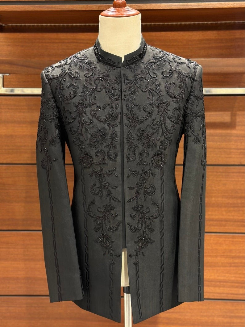 Black Embroidered Prince Coat for Men