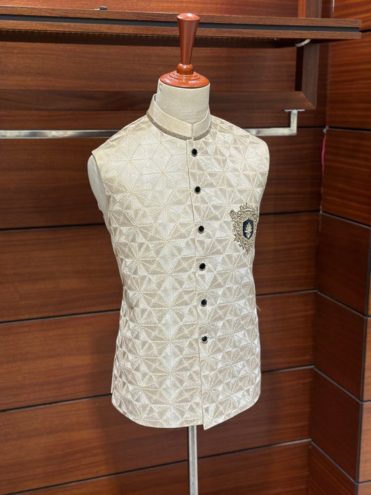Beige Embroidered Waistcoat for Men